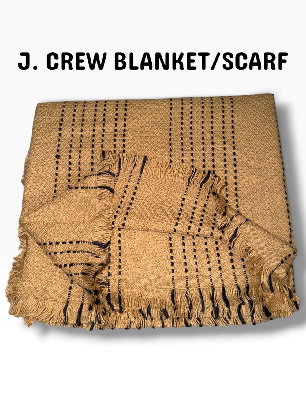 J. Crew Tan Throw Blanket with Black Stitching and Fringe